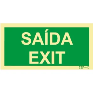 Placa de sinalização fotoluminescente p/ saída de emergência (2 Línguas) - 200x100mm