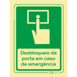 Placa de sinalização fotoluminescente ''Desbloqueio de porta em caso de emergência'' - 100x150mm