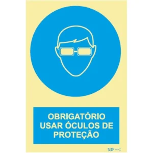 Placa de sinalização fotoluminescente ''Obrigatório usar óculos de proteção'' - 150x200mm