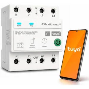 Qoltec 50976 - Relé Inteligente Wi-Fi p/ calha DIN Trifásico c/ medição de energia 63A (Compatível com Tuya)