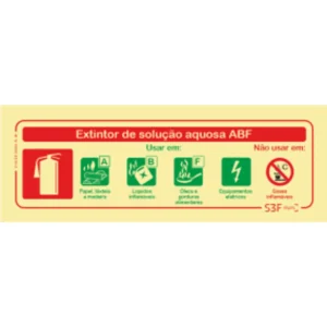 Placa de sinalização fotoluminescente ''Extintor de solução aquosa ABF'' - 240x85mm