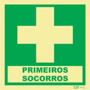 Placa de sinalização fotoluminescente de primeiros socorros - 150x150mm
