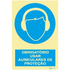 Placa de sinalização fotoluminescente ''Obrigatório usar auriculares de proteção'' - 150x200mm
