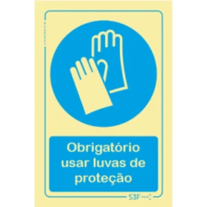 Placa de sinalização fotoluminescente ''Obrigatório usar luvas de proteção'' - 100x150mm