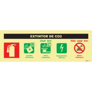 Placa de sinalização fotoluminescente ''Extintor de CO2'' - 240x85mm