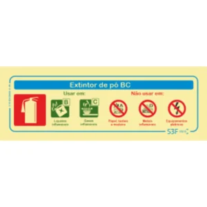 Placa de sinalização fotoluminescente ''Extintor de pó BC'' - 240x85mm