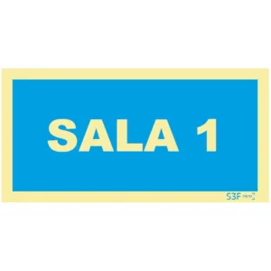 Placa de sinalização fotoluminescente ''Sala 1'' - 200x100mm