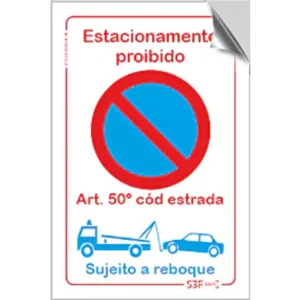 Vinil autocolante de sinalização ''Estacionamento proibido [Art. 50] Sujeito a Reboque'' - 200x300mm