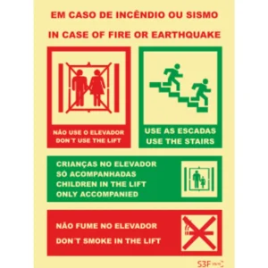 Placa de sinalização fotoluminescente ''Em caso de Emergência ou Sismo'' (2 Línguas) - 150x200mm