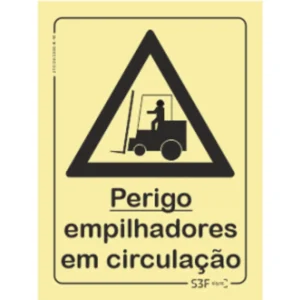 Placa de sinalização fotoluminescente ''Perigo empilhadores em circulação'' - 150x200mm