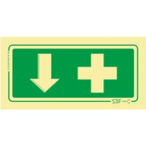 Placa de sinalização fotoluminescente de primeiros socorros (seta baixo) - 200x100mm