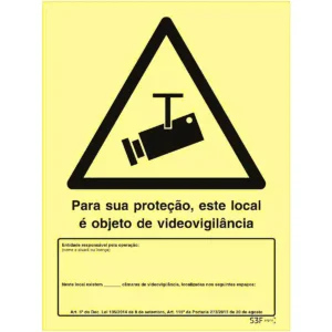 Placa de sinalização fotoluminescente p/ videovigilância (c/ nº de câmaras) - 200x300mm