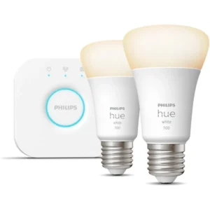 Philips Hue White Starter Kit - Conjunto de 2 lâmpadas inteligentes E27 Hue white 1100 + Hue Bridge