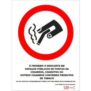 Placa de sinalização PVC ''Proibido o descarte em espaço públicos de pontas de cigarros'' - 150x200mm