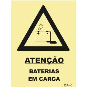 Placa de sinalização fotoluminescente de perigo ''Atenção baterias em carga'' - 150x200mm
