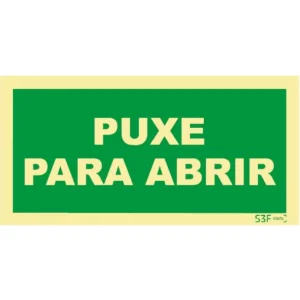 Placa de sinalização fotoluminescente ''PUXE PARA ABRIR'' - 300x150mm
